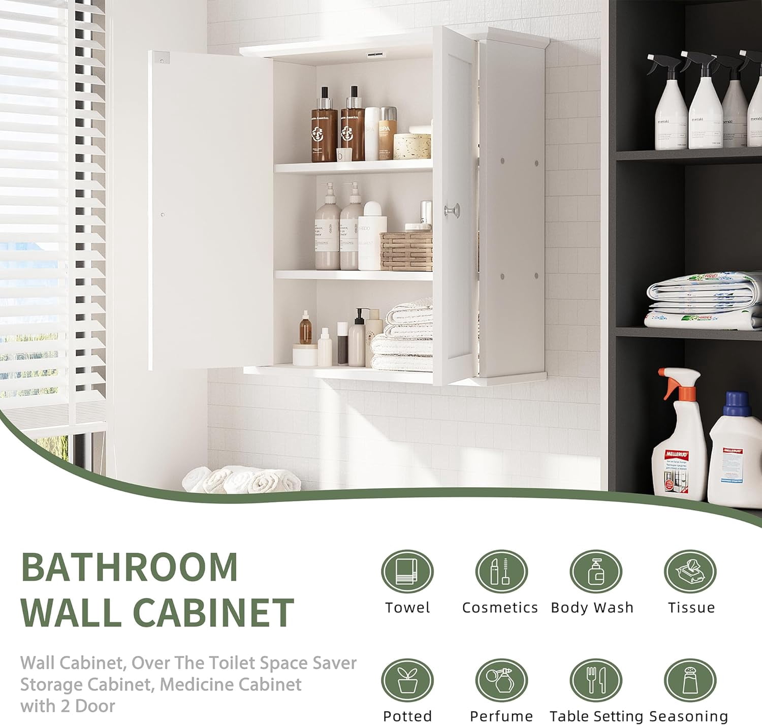 MISSUNNY Bathroom Medicine Cabinet Wall Mount with 2 Doors and 2 Shelves, Small Bathroom Cabinet Wooden Storage Cabinet Over Toilet Restroom Laundry Room Kitchen, White