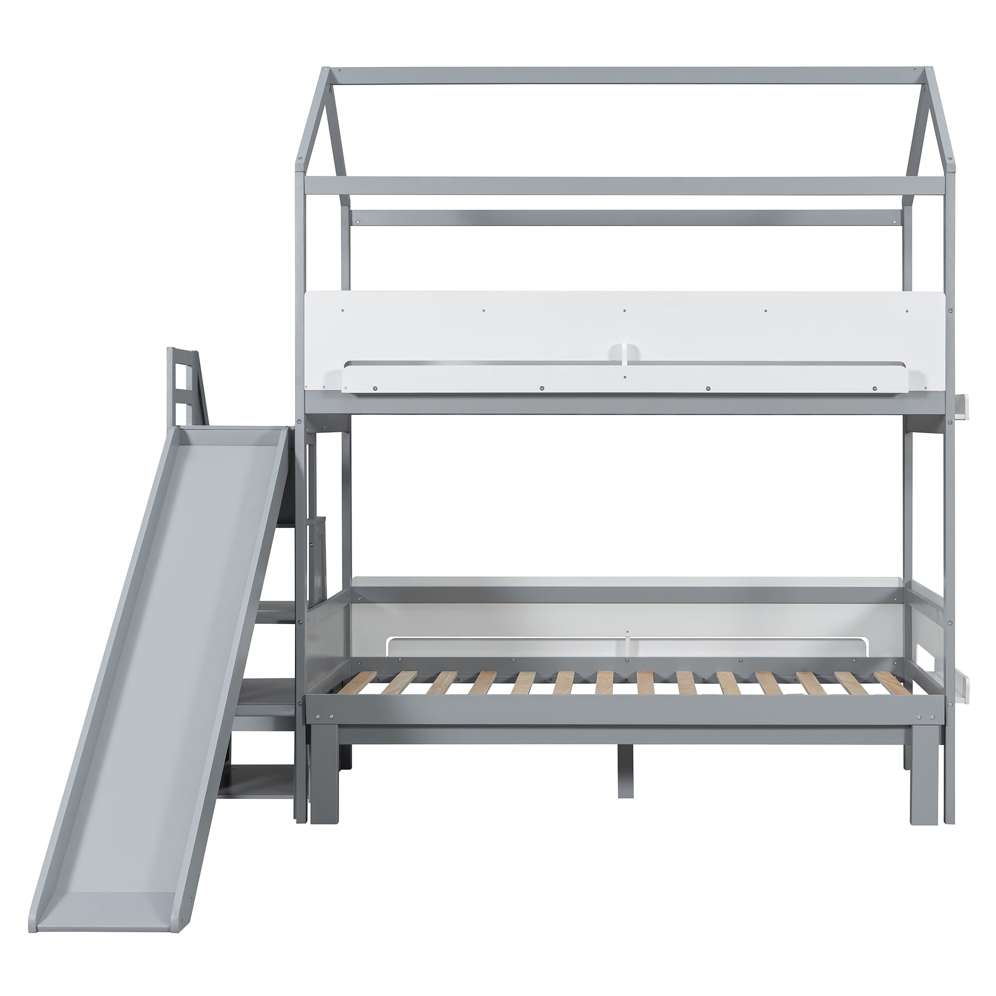 Mintazer Kids Twin Over Full Bunk Bed House-Shaped Bed Frame with Slide & Storage Staircase for Children Bedroom, Gray