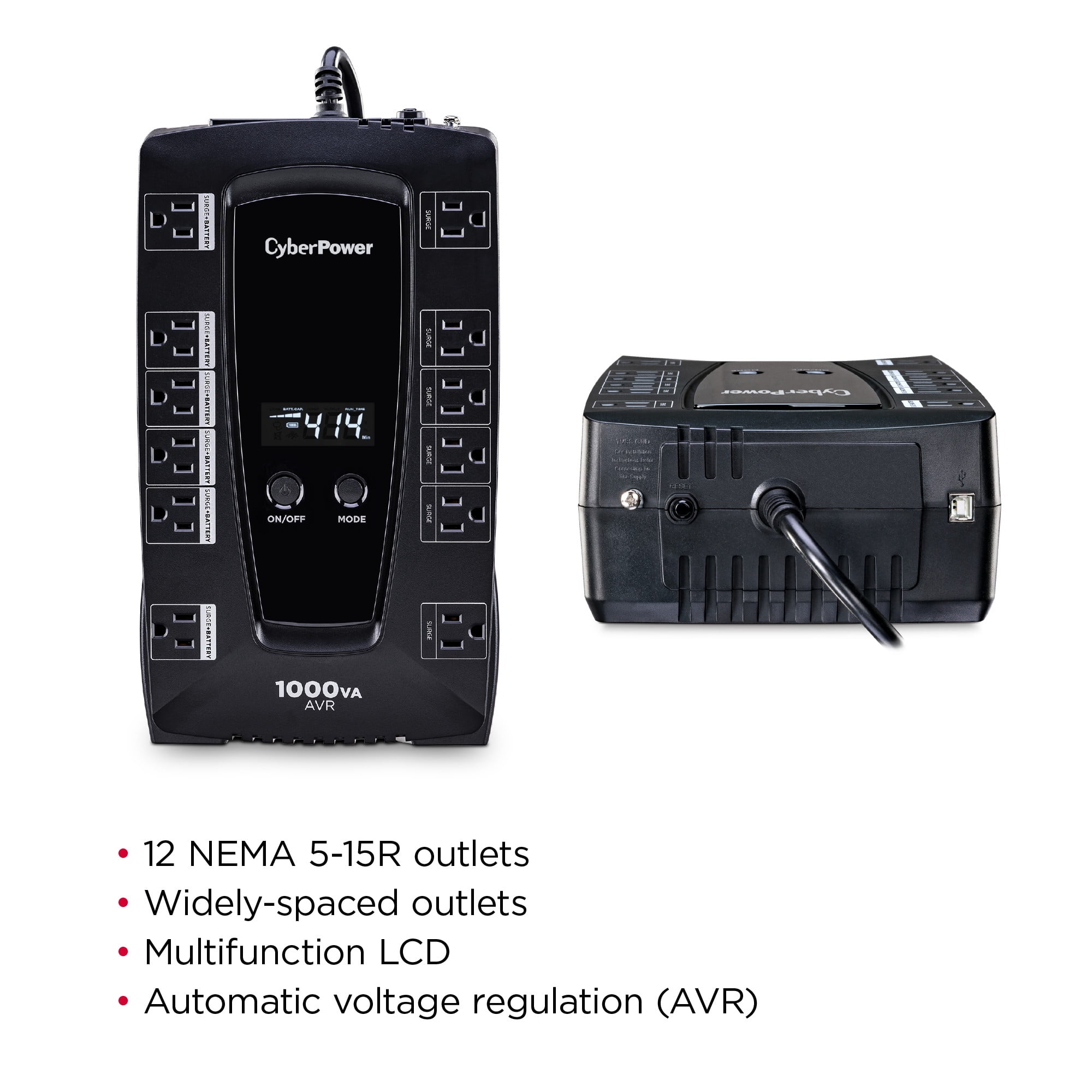 CyberPower LE1000DG Battery Backup UPS, 1000VA/530W, 120V, 12 Outlets, AVR, LCD Display, 5 ft, Black