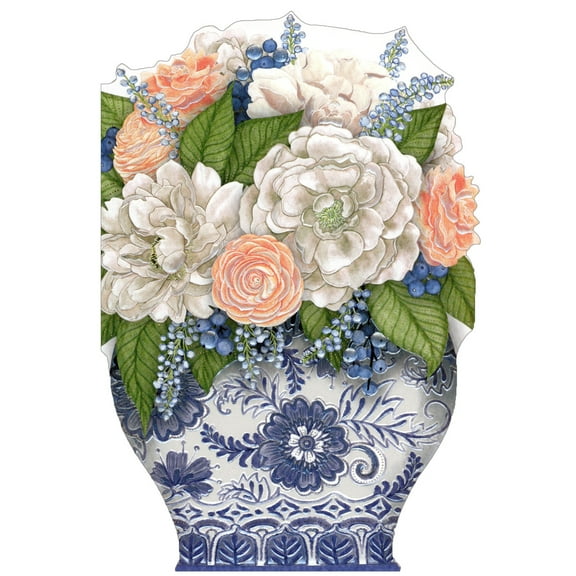 Pictura Orange, White and Blue Flowers in Short Wide Vase Die Cut Birthday Card