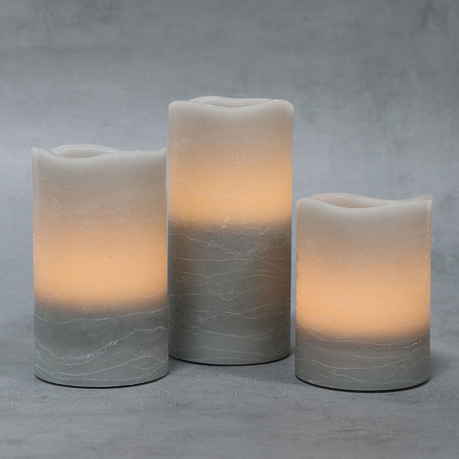 Rhytsing Set of 3 Gray Wax Battery Operated Flameless LED Pillar Candles with Timer - Batteries Included