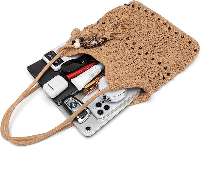 Crochet Hobo Bag for Women Boho Woven Tote Bag Summer Vacation Beach Handbags Bohemian Shoulder Purse with Tassels