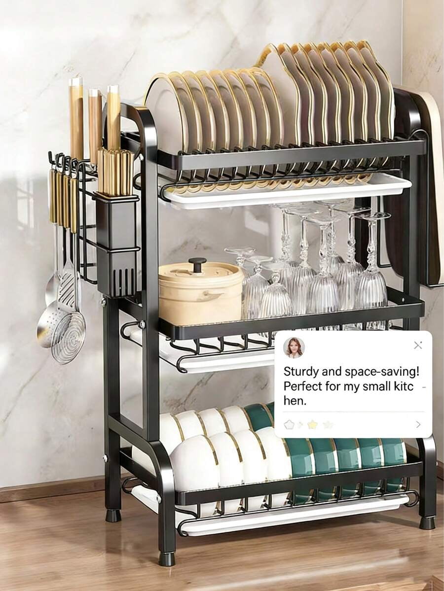 3-Tier Over Sink Heavy Duty Stainless Steel Dish Drying Rack, Rustproof Extra-Large Capacity Non-Slip Kitchen Counter Organizer, Removable Drainboard With Utensil Knife Cup Cutting Board Holder