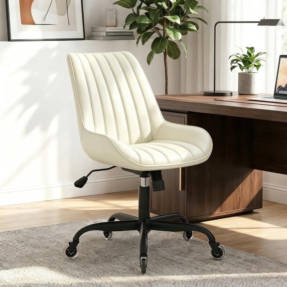 Armless Office Chair, Mid Back Modern Desk Chair with Rubber Wheels, 360 Swivel PU Leather Office Chair No Arms, Adjustable Height Small Computer Chair, Armless Desk Chair for Office, Beige