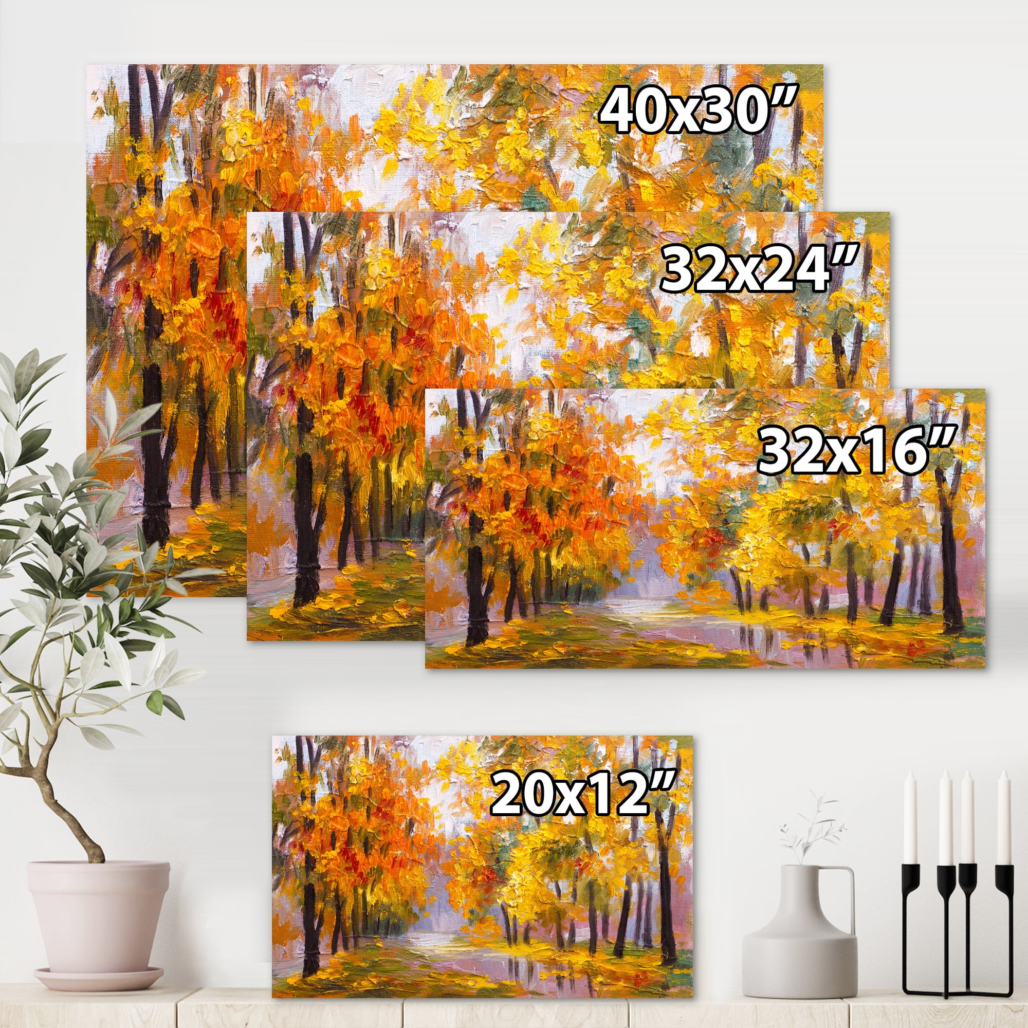 Designart ' Forest Full Of Fallen Leaves In Autumn Along River ' Lake House Canvas Wall Art Print