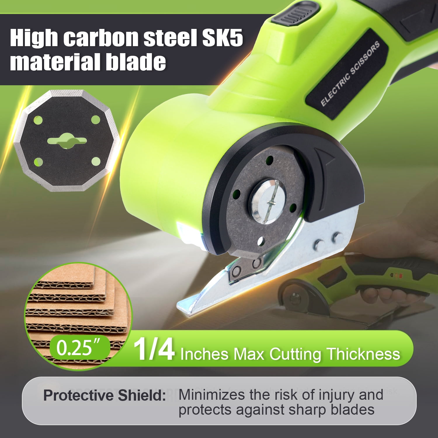 HORMY Cordless Electric Scissors, 3.6V Rechargeable Cardboard Box Cutter with Safety Lock & LED Light, Power Rotary Cutter for Fabric Carpet Leather