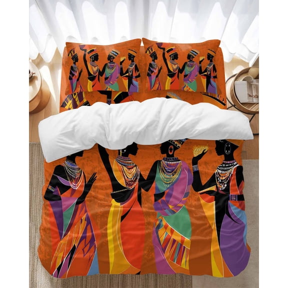 African Women Bedding Duvet Cover Set Twin Size 4 Pieces Tribe Ethnic Style Traditional Bedding Set with Zipper Closure, 1 Comforter Cover 68x86 Inches 1 Flat Sheet & 2 Pillow Cases