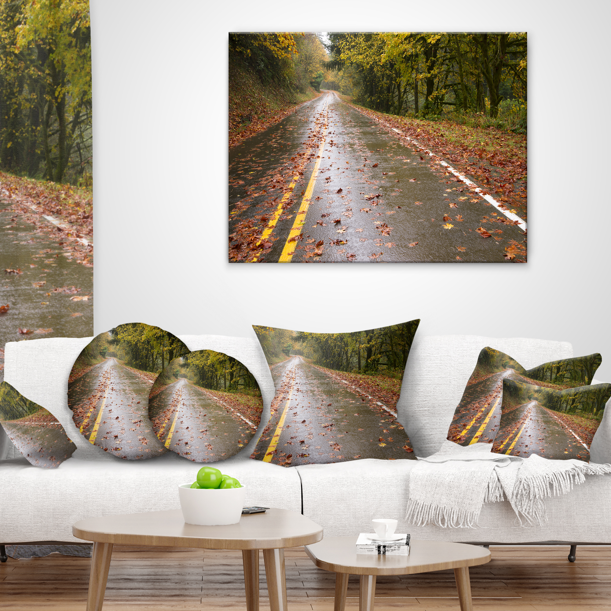 Designart Wet Rainy Road in Forest - Landscape Photo Throw Pillow - 12x20