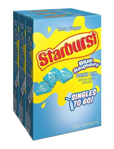CGT Starburst Blue Raspberry Singles to Go Zero Sugar Artificially Flavored Low Calorie Powdered Drink Mix Just Add Water (3 Boxes - 6 Packets per Box = 18 Total Servings)