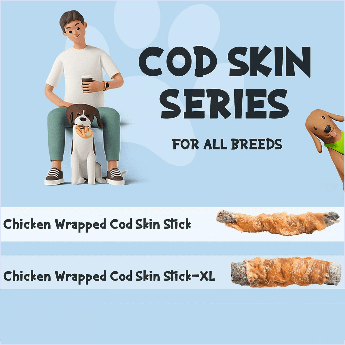 (3 pack) ASMPET Rawhide Free Dog Treats, Chicken Wrapped Cod Fish Skin Stick XL, Natural Dog Chews Rich in Omega3 for Medium Large Dogs, 11oz