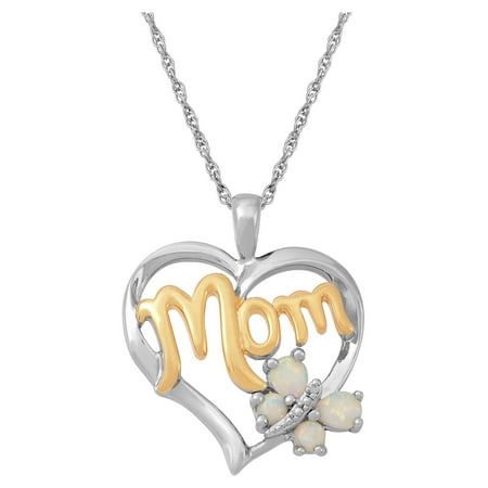 Brilliance Fine Jewelry Created Opal with Diamond Accent 'Mom' Heart in Sterling Silver Pendant, 18" Necklace