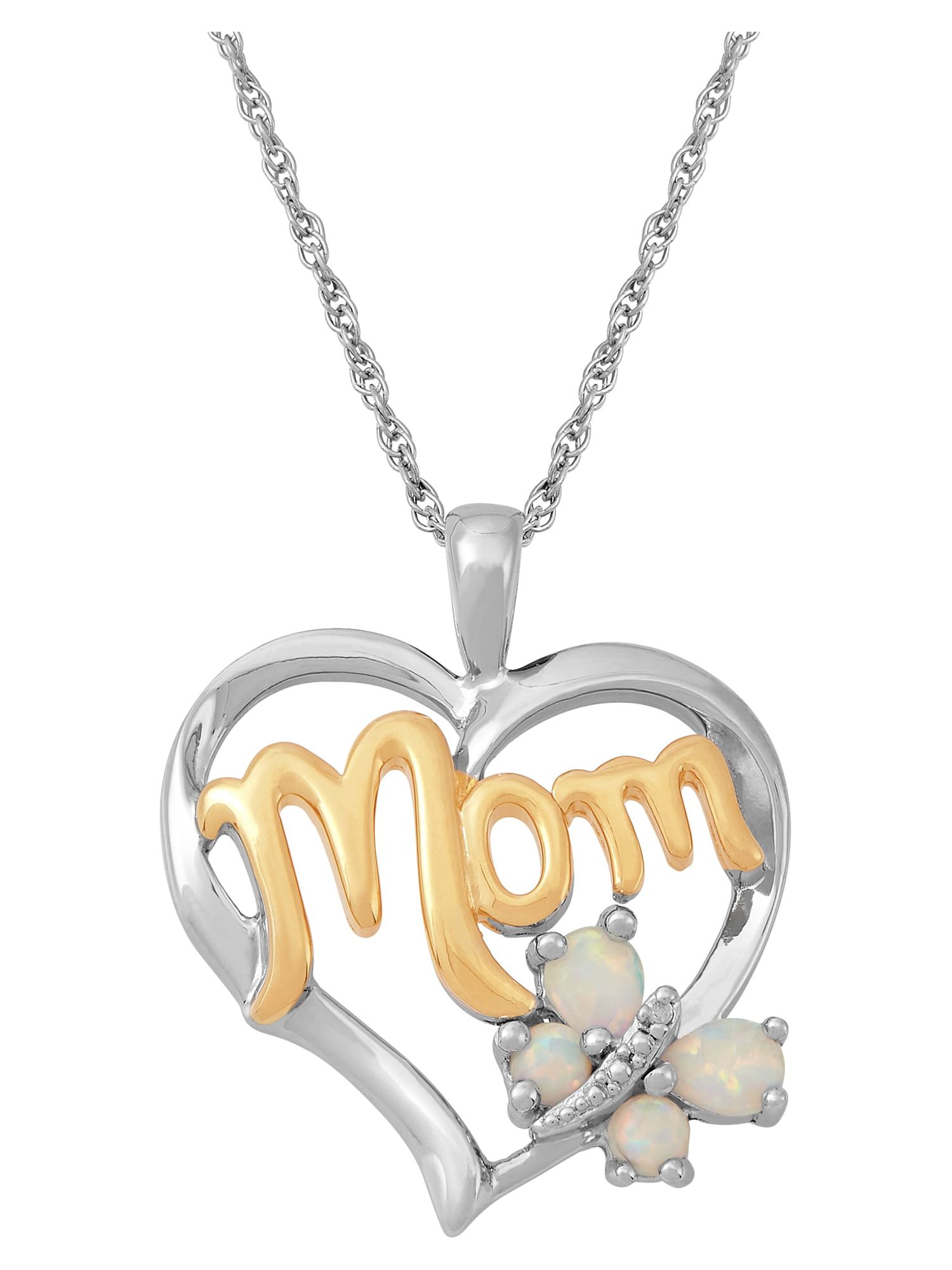 Brilliance Fine Jewelry Created Opal with Diamond Accent 'Mom' Heart in Sterling Silver Pendant, 18" Necklace