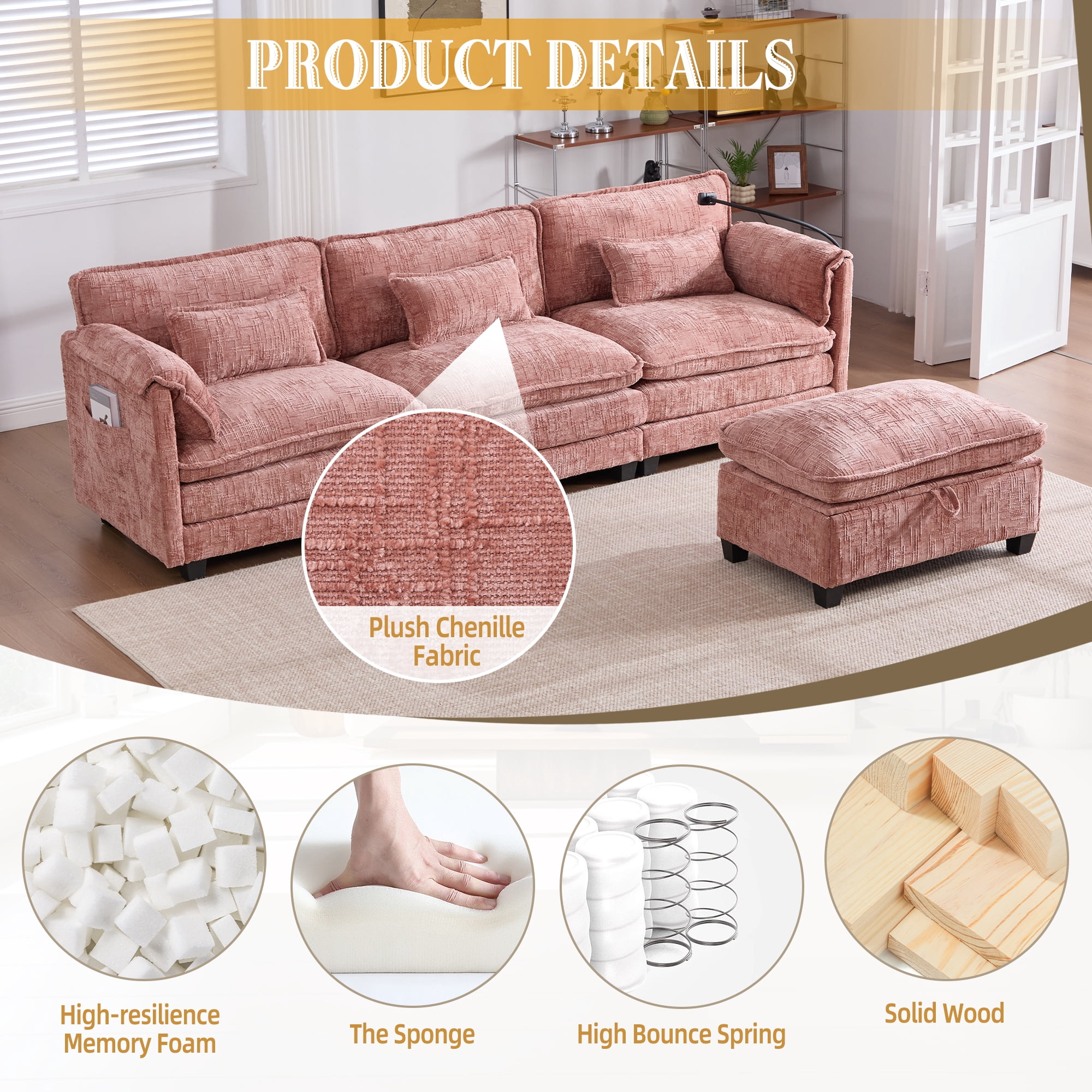 MOONMISS 112" Oversized Sectional Sofa Cloud Couch for Living Room, Modern Chenille L Shaped Couch, Comfy Boucle Modular Sofa Sleeper with Movable Storage Ottoman, Phone Holder, USB Charging Port
