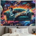 thumbnail image 2 of GOSMITH  Cat Tapestry, Funny Galaxy Themed Print with Astronaut Kitties Floating in Outer Space, Wall Hanging Bedspread Bed Cover Wall Decor, Dark Purple Aqua Orange Painting, 2 of 6