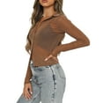thumbnail image 3 of Women Long Sleeve Crop Top Turn-Down Collar Long Sleeve Tops See-Through Blouse Y2k Streetwear, 3 of 7