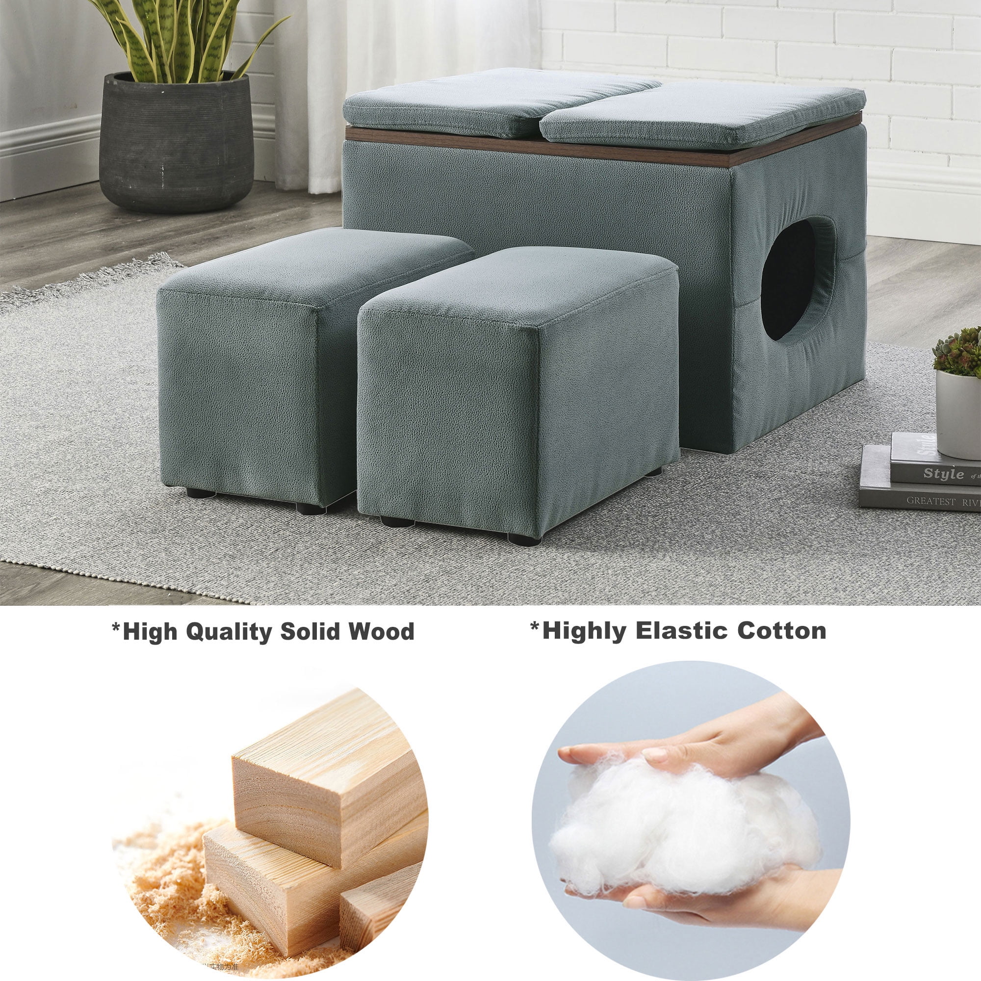 CPFurnitureStar Green Flower Small Foot Stool Storage Ottoman Tray Top  Coffee Table Upholstered Sofa Step Stool Modern Home Decor for Living Room