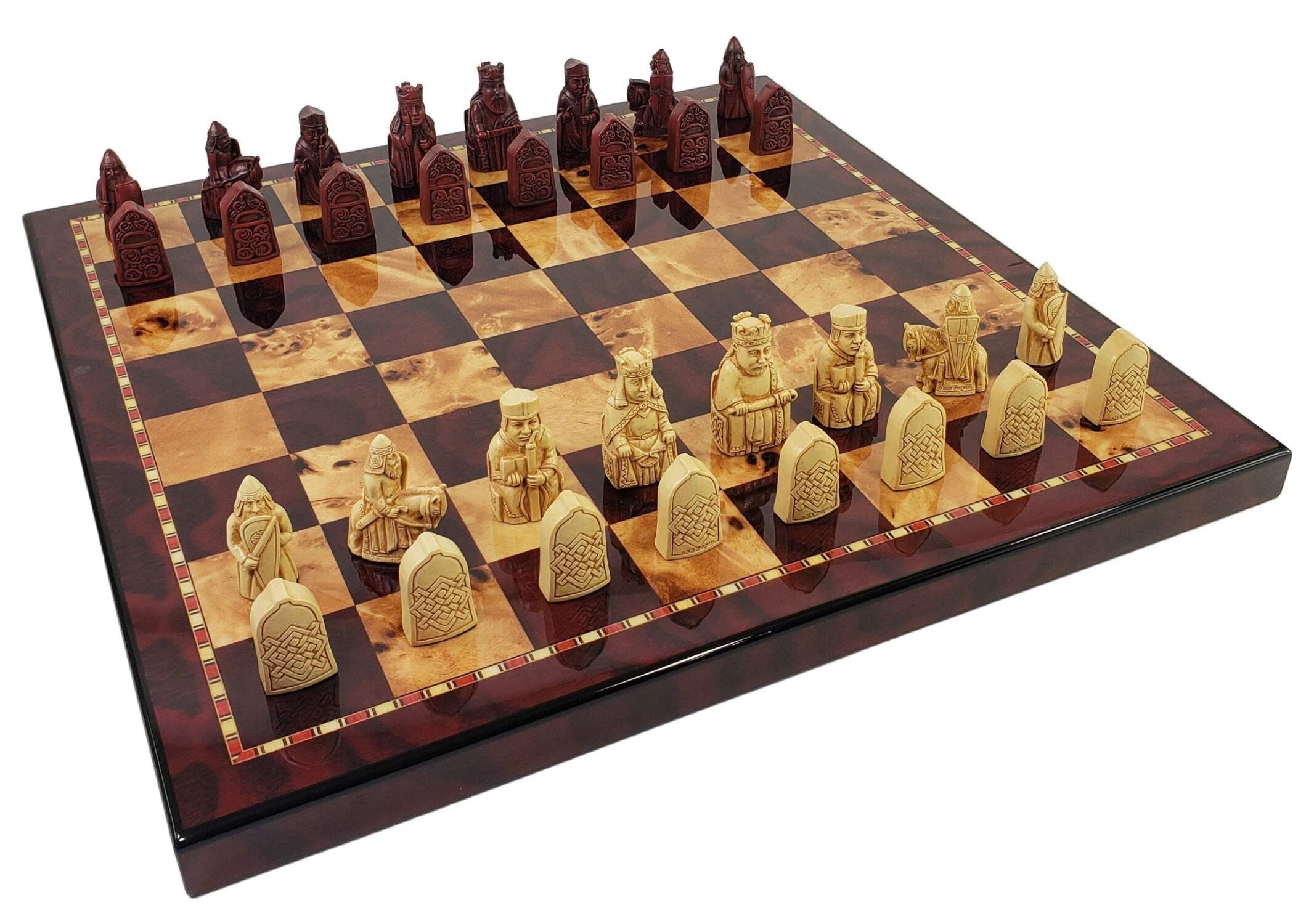 Antique White  Red Mini Isle of Lewis Chess Set With 18" Cherry Color Board