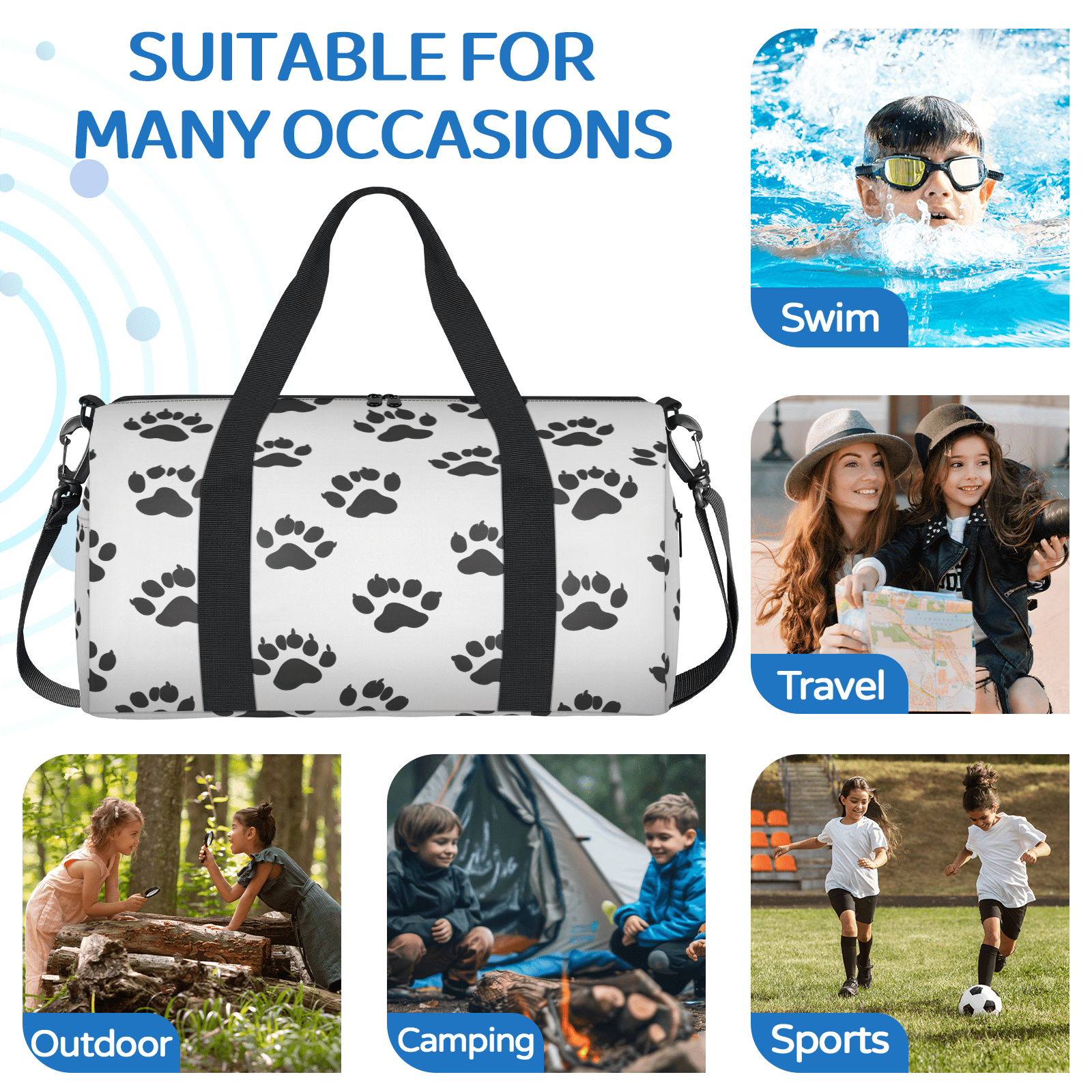 Herdesigns Paw Print Travel Duffle Bag Sports Yoga Weekender Overnight Carry on Workout Bags Lightweight Waterproof Gym Tote Bag for Women Black White Animal Print