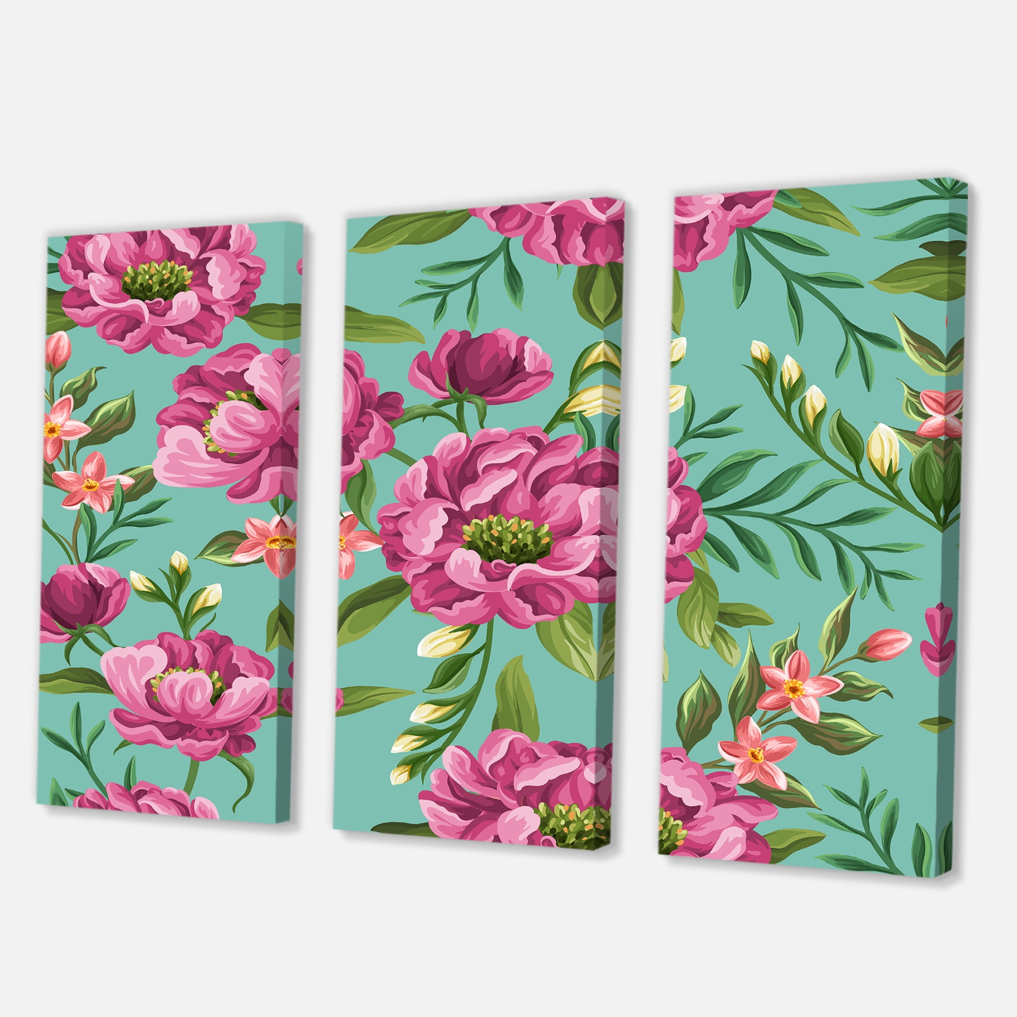 Fuchia Pink Flowers On Green VIntage 28 in x 36 in Painting Canvas Art Print, by Designart