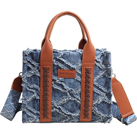 Sunyuer Women Fringed Denim Crossbody Tote Bag, Vintage Quilted Top Handle Handbag, Large Capacity Casual Shoulder Purse with Detachable Adjustable Wide Strap