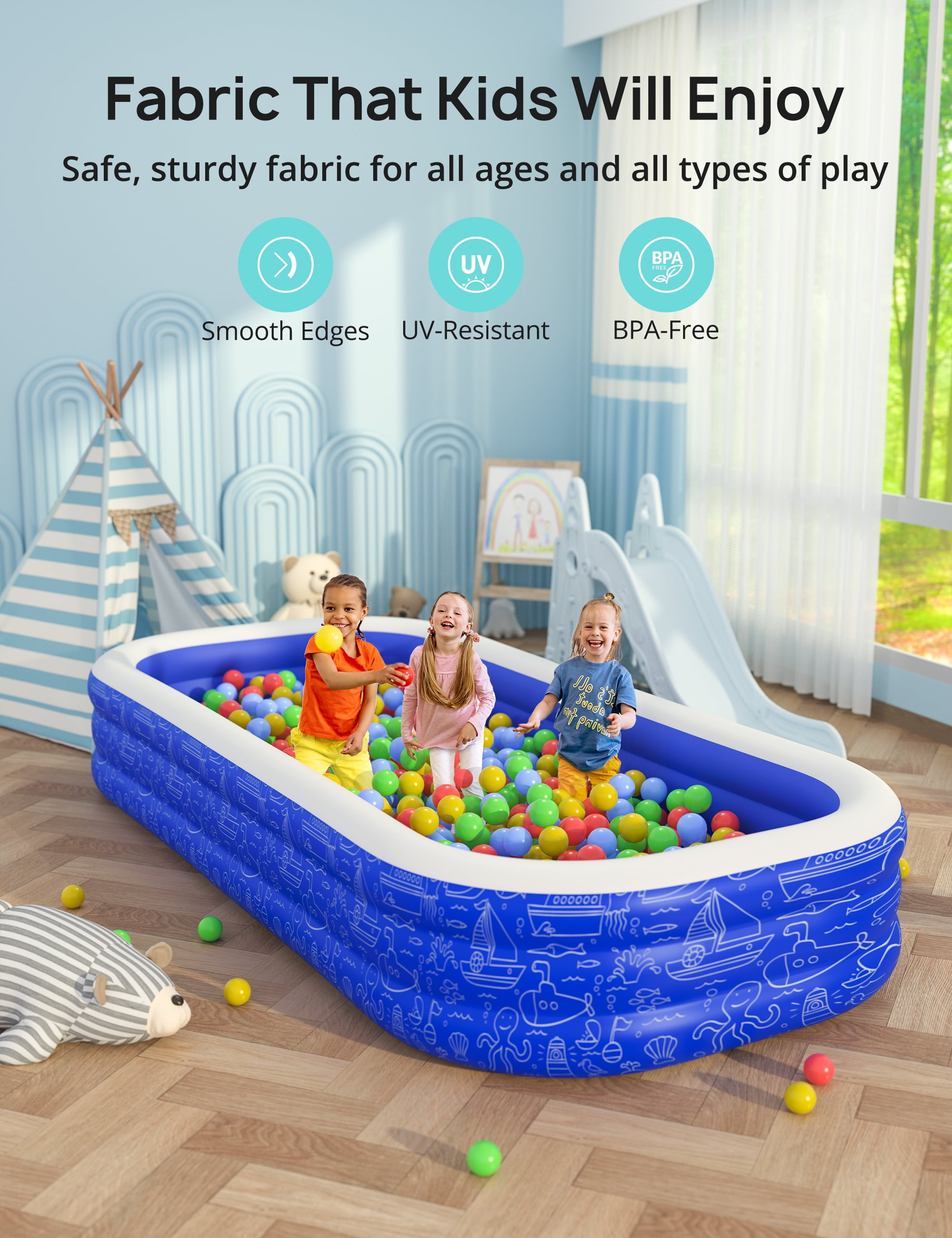 Large Inflatable Swimming Pool with Canopy, 120” x 70” x 20” Full-Sized Inflatable Pool for Kids & Adults, Kiddie Pool with Sun Shade, Blow Up Pool for Backyard, Garden, Age 3+, Blue