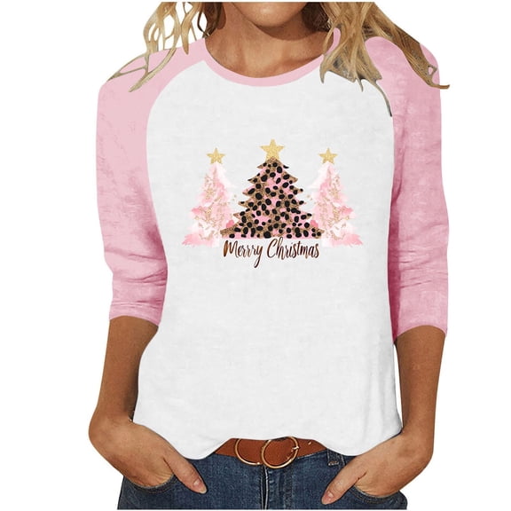Fall Fashion Must Haves Women's 3/4 Sleeve Raglan Shirt Round Neck with Festive Christmas Tree Pattern Tees Tshirts Tops Blouse Women Fall Clothes