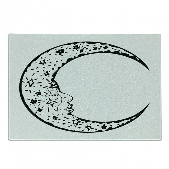 Magic Moon Cutting Board, Monochrome Modern Crescent with Human Face and Starry Ornament, Decorative Tempered Glass Cutting and Serving Board, in 3 Sizes, by Ambesonne