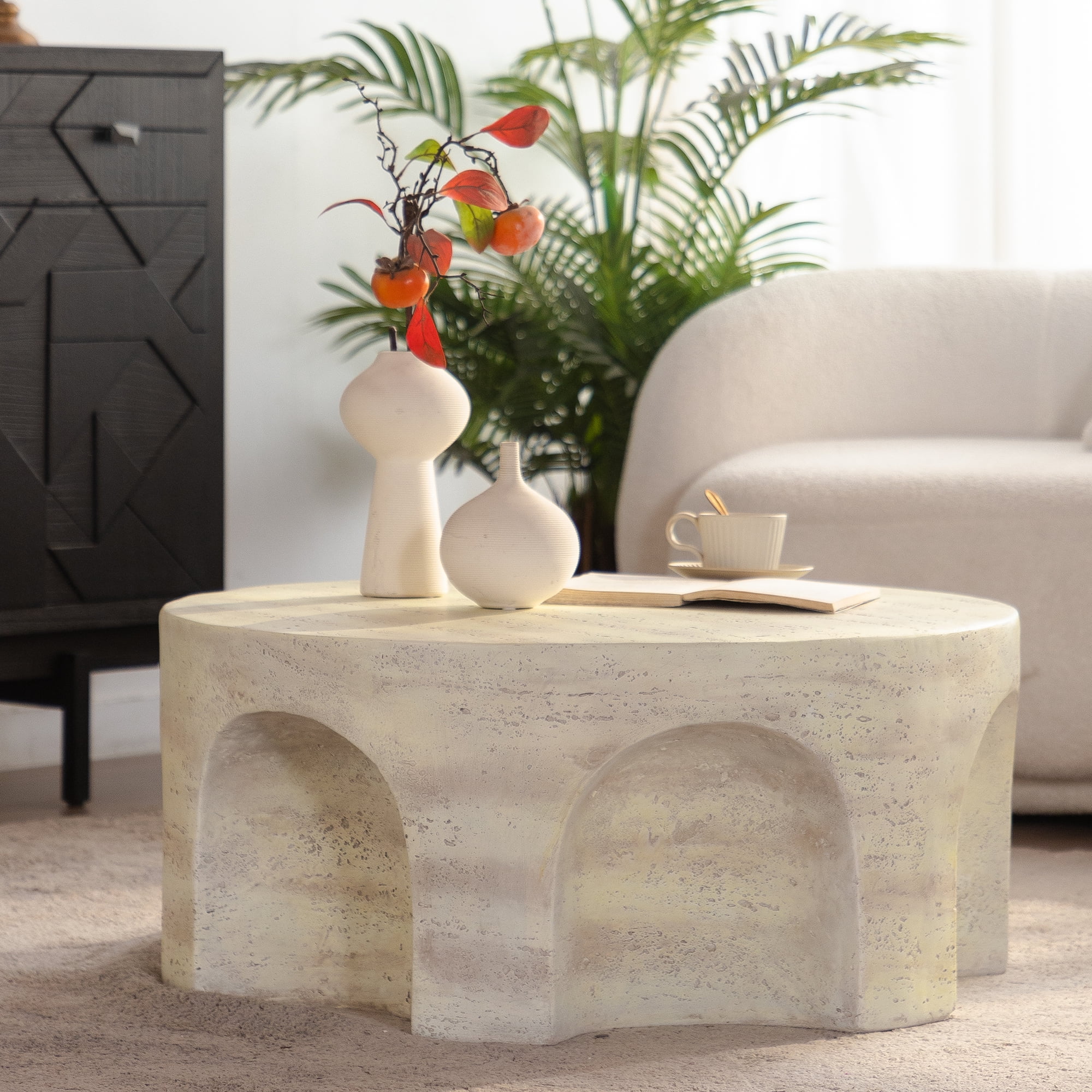 Leumius Modern Minimalist Round Accent Coffee Table with Unique Arched Cutout Base, No Assembly Required, Sturdy Structure for Living Room, Bedroom and Outdoor Home Decor