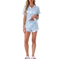 thumbnail image 2 of INSPIRAR CHIC Conjuntos de Pijamas de Satén para Mujeres, Conjuntos de Lounge de Seda, Camisa de Manga Corta con Botones, Pantalones Cortos con Volantes, Ropa de Dormir de 2 Piezas, Azul a Rayas, 2 of 6