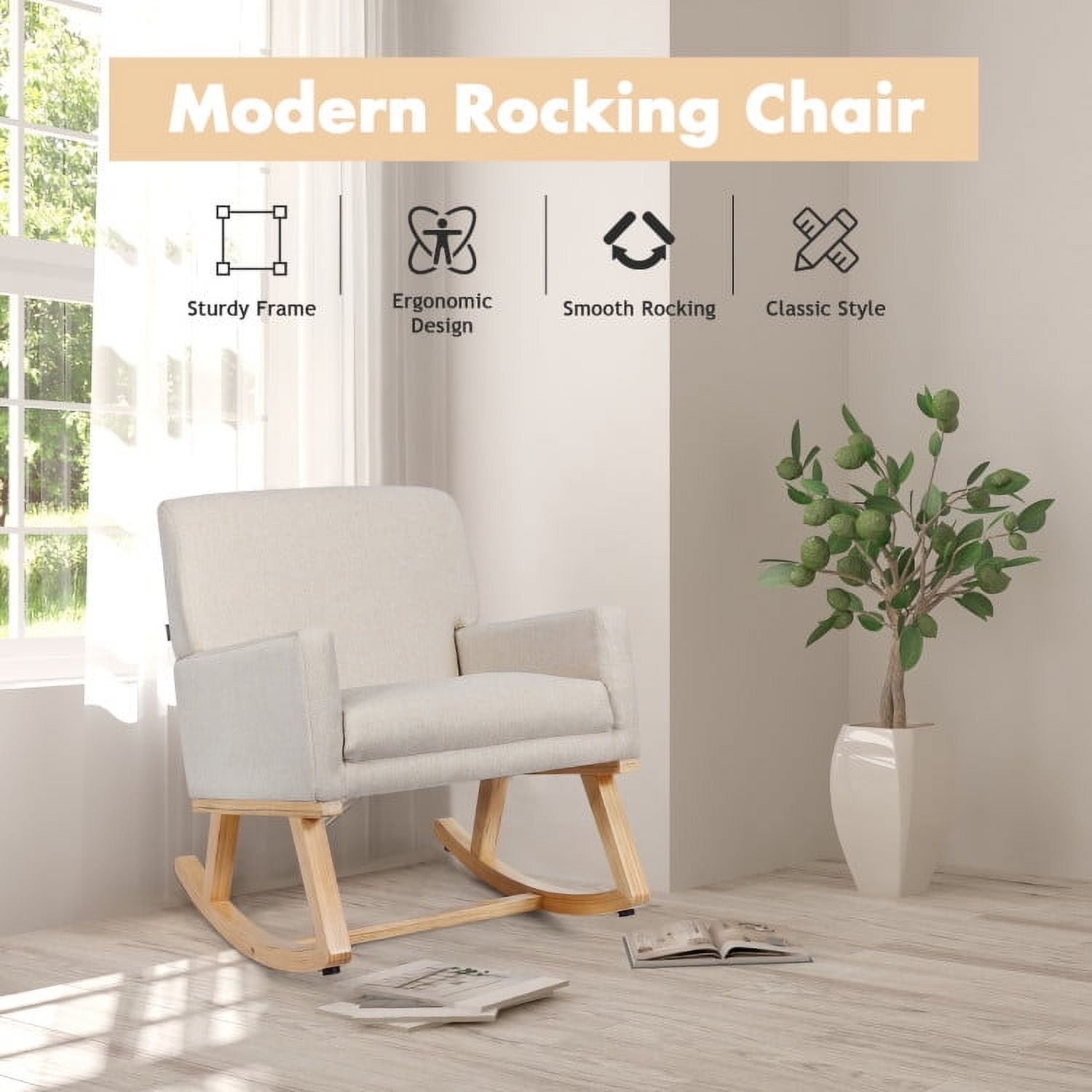 Resenkos Rocking Chair Nursery Glider, Comfy Rocker Nursery Chair, Upholstered Rocking Chair with and Solid Wood Base-Beige