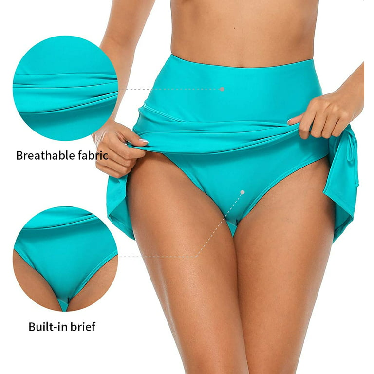 Women's Split Swim Skirt High Waisted Ruched Drawstring Swimuit Bottom with  Built-in Panty