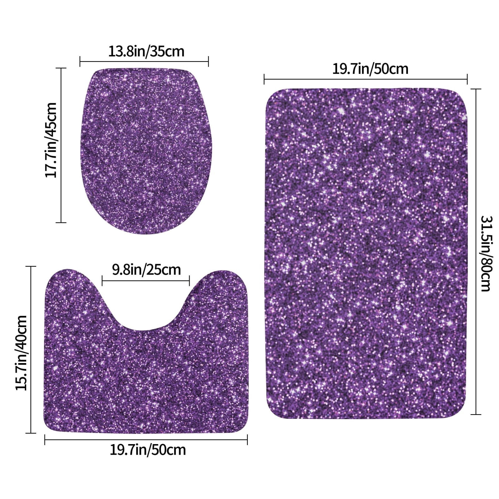 Bathroom Rugs Sets 3 Piece - Purple Glitter Absorbent Non Slip Bath Mats, U-Shape Toilet Lid Cover, Contour Mat, Soft Washable Shower Mats Bath Rug Mat for Bathroom Tub Toilet
