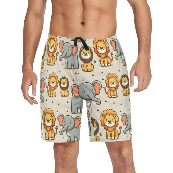 Men's Pajama Shorts Bottoms with Pockets Soft Lightweight Lounge Sleep Wear Cartoon Lion and Elephants
