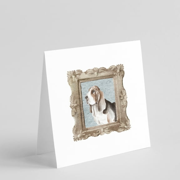 Basset Hound Tricolor Side View 3 Square Greeting Cards and Envelopes Pack of 8 5 in x 5 in
