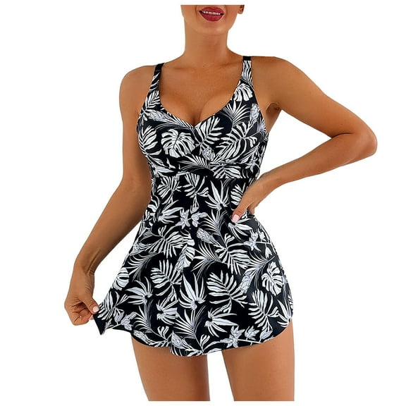 Two Piece Bathing Suits Blouson String Straps Scoop Neck Flowy Swimdress with Shorts (Black, XXL)