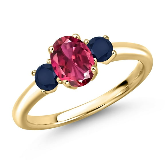 Gem Stone King 10K Yellow Gold Pink Tourmaline and Blue Sapphire Engagement Ring for Women | 1.29 Cttw | Oval 7X5MM | Gemstone October Birthstone | Size 8