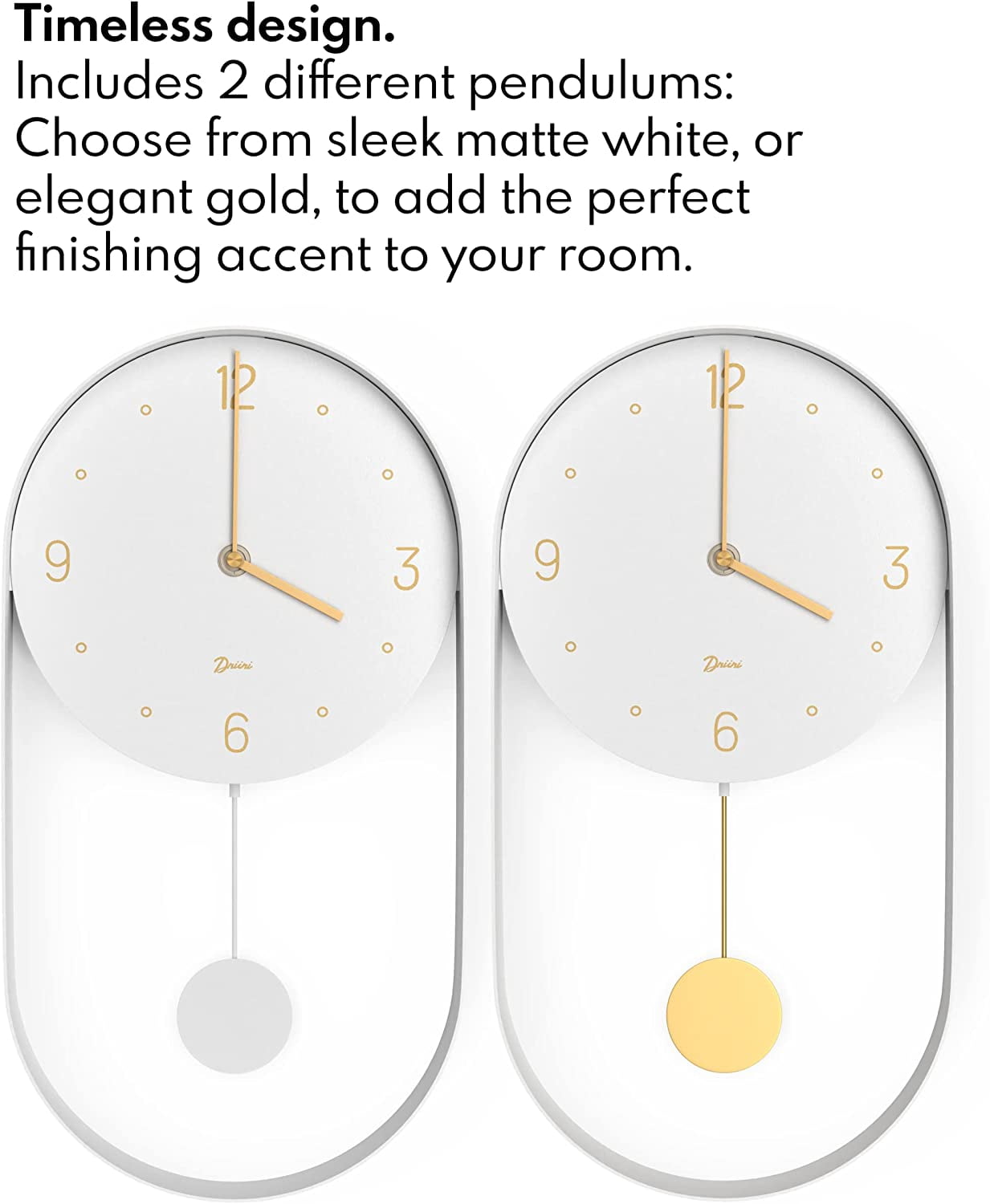 Driini Modern Pendulum Wall Clock - Decorative and Unique Metal Frame, with 8 Inch Face - Contemporary, Minimalist Design, with Silent Non Ticking Operation - Includes Both White and Gold Pendelum