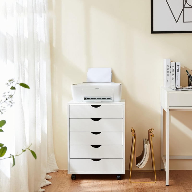 TINKLE WELL 5 Drawer Wooden Rolling File Cabinet, Mobile Compact Storage Dresser for Home Office Organization, White