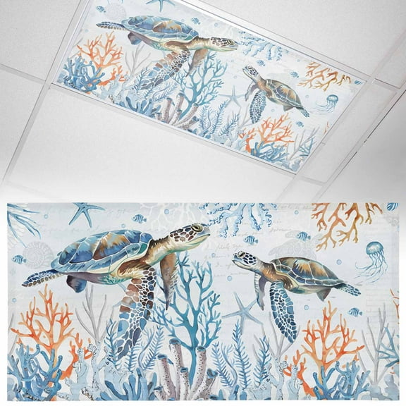 1 Piece Magnetic Fluorescent Light Covers, 2x4 Ft,Sea Turtle Seagrass Coral Starfish Jellyfish Ocean Retro Magnetic Light Covers for Ceiling Lights Classroom Office Home Decor