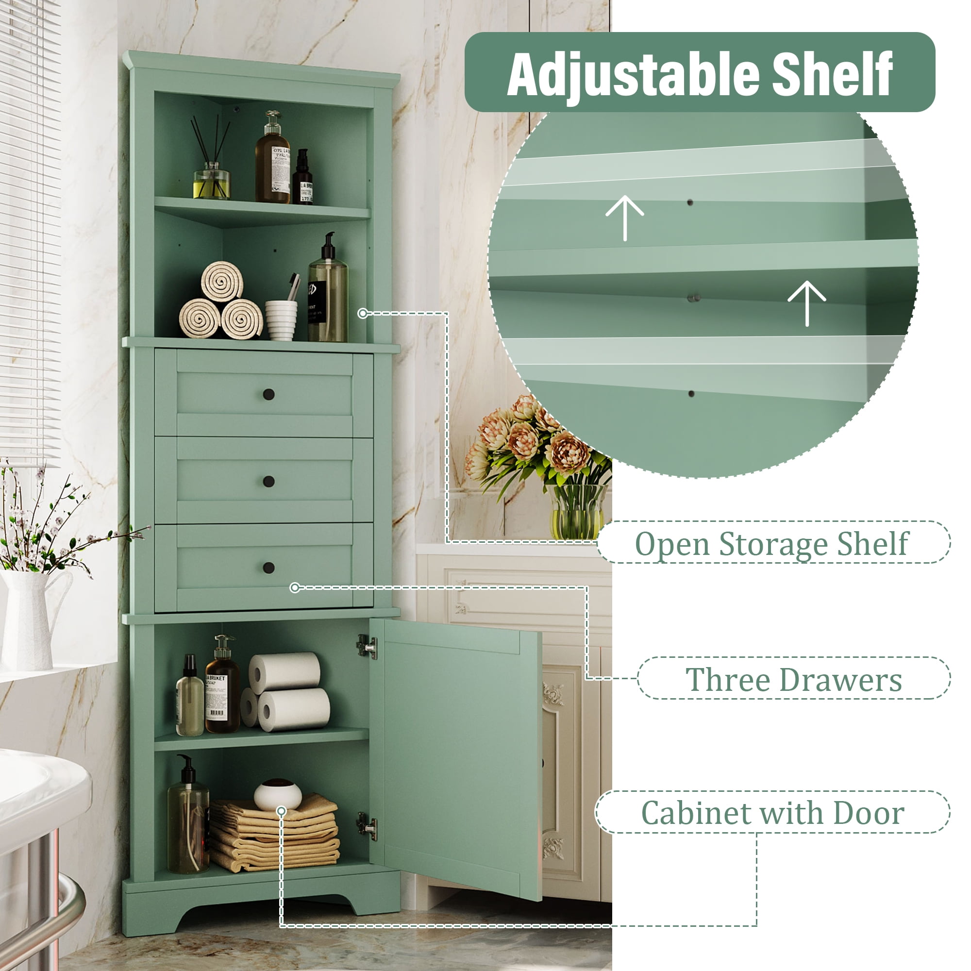 Euroco Durable Corner Cabinet with Adjustable Shelves, Heavy-Duty Metal Handles, and Safety Drawer Stoppers – Stylish, Space-Saving Storage Solution for Bathrooms, Kitchens, and More