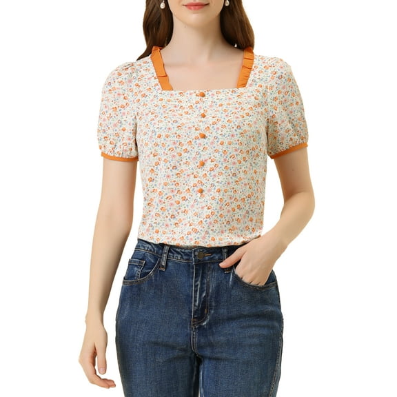 Allegra K Women's Vintage Floral Contrast Color Lace Square Neck Blouse Top
