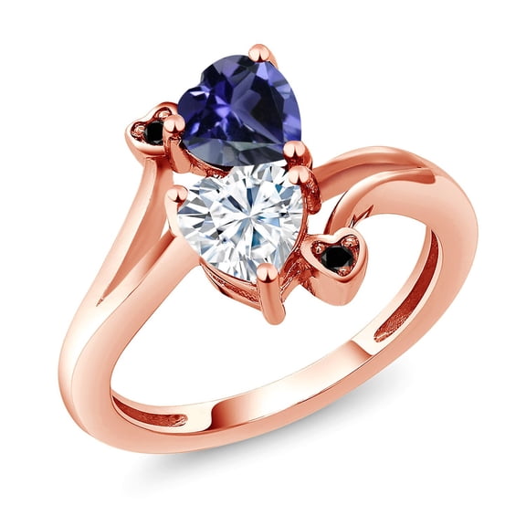 Gem Stone King 18K Rose Gold Plated Silver Blue Iolite White Moissanite and Black Diamond Ring for Women (1.41 Cttw, Heart Shape 6MM, Gemstone Birthstone, Size 8)