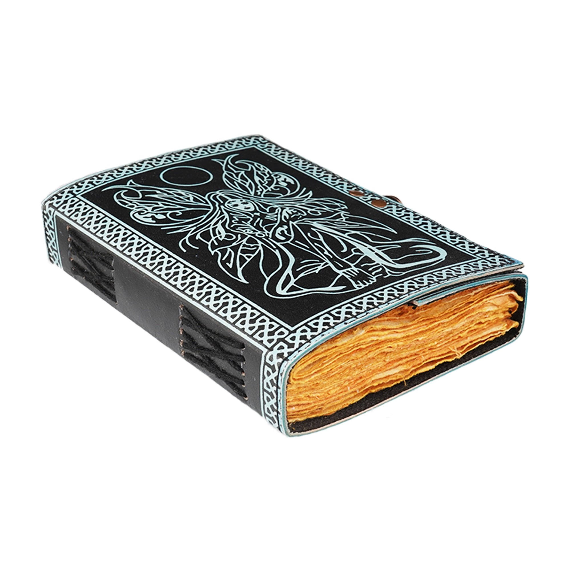 Two Tone Black & Blue Fairy Leather Embossed Journal – 5 x 7 Inch Vintage Notebook with Aged Handmade Linen Parchment Paper | Artisan Diary for Writing, Drawing, or Gifting