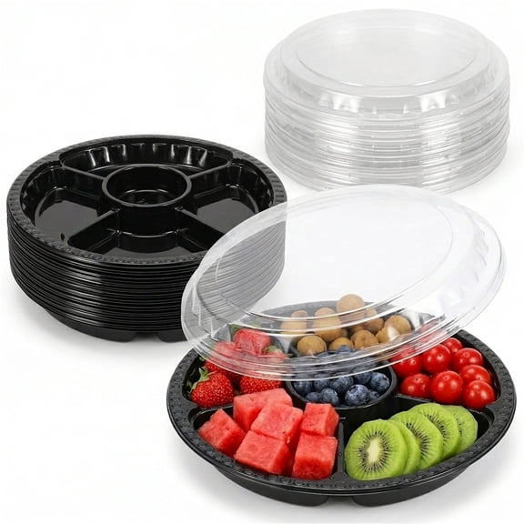 NOGIS Round Plastic Appetizer Tray with Lid: 10pcs Divided Serving Tray, Disposable Catering Trays with Lids