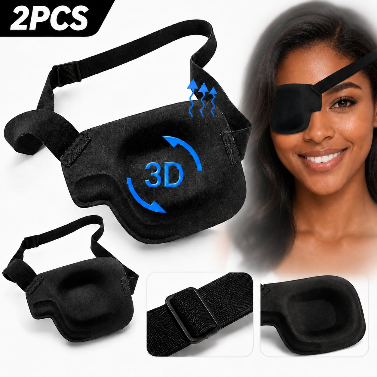 Rongsi Eye Patches for Adults, 2 Pcs 3D Eye Patch Black Adjustable Medical Eyepatch for Lazy Eye Amblyopia Strabismus and after Surgery (Right Eye)