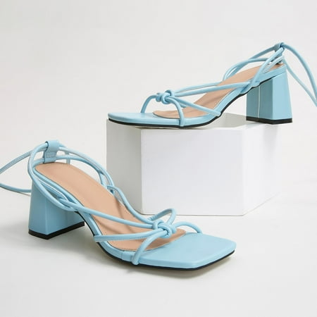 

Pmoiste Women s Chunky Heel Sandals Summer Strappy Gladiator Shoes Female Lace Up Square Toe High Heels Blue 7