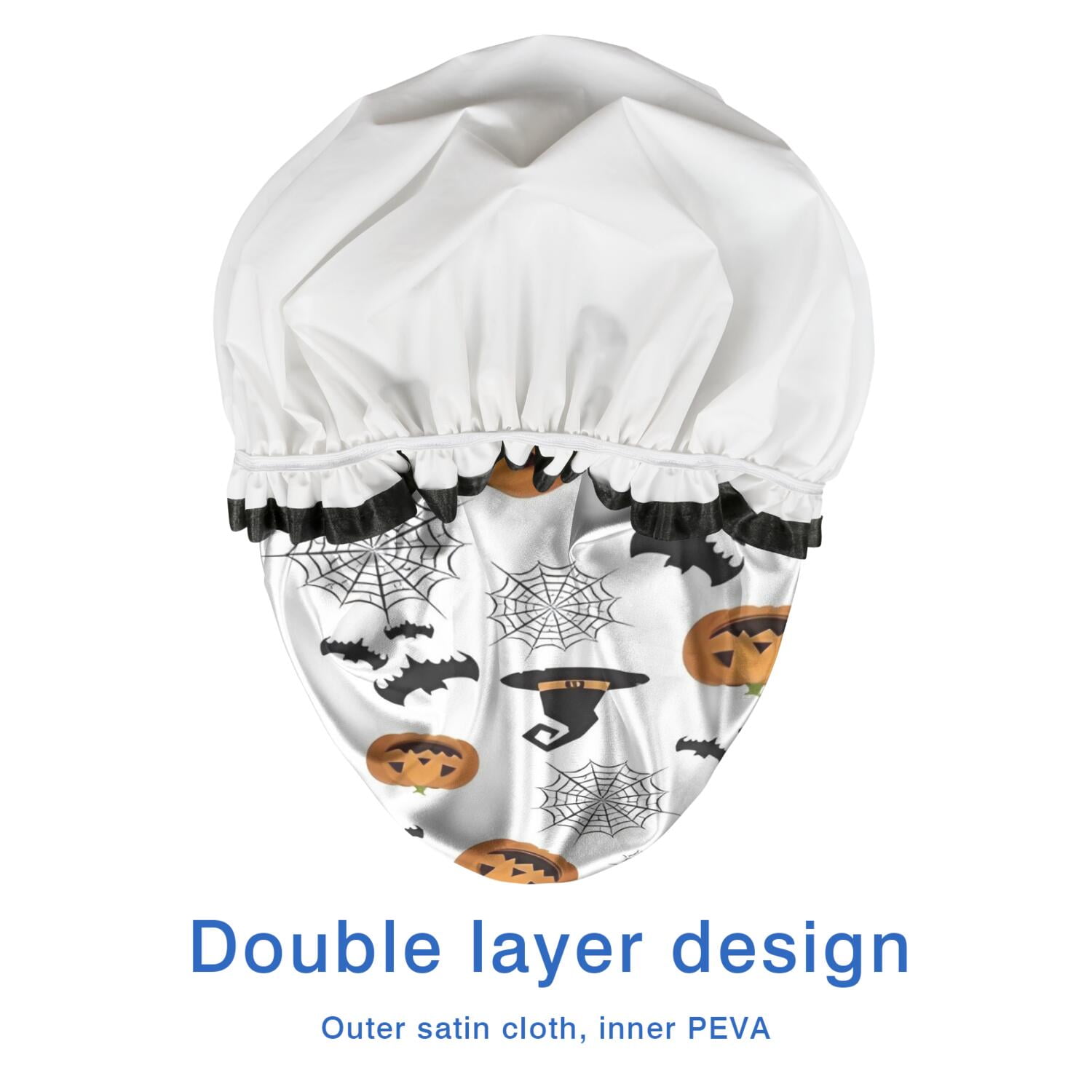 Shower Caps,White Halloween Pumpkins Bats and Witch Hats Waterproof Shower Cap for Women 4 Pieces,Double Reusable Hair Cover for Shower PEVA Elastic Stretch Hem