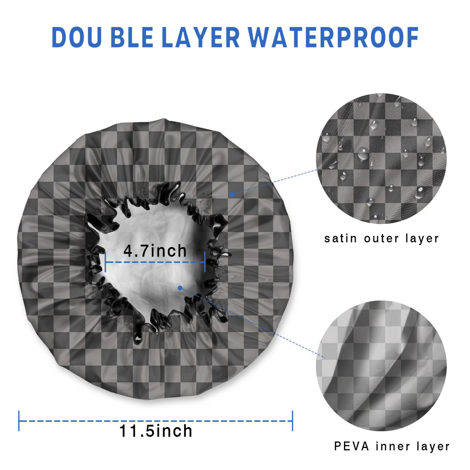 Shower Caps,Gray and Black Checkerboard Pattern Waterproof Shower Cap for Women 4 Pieces,Double Reusable Hair Cover for Shower PEVA Elastic Stretch Hem