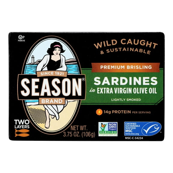SEASON Brand Wild Caught Brisling Sardines in Extra Virgin Olive Oil, 2 Layers - 3.75 Oz, 12 Pack