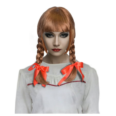 Cece Long Hair Double Braid Wigs with Straight Bangs for Cosplay Costume Party Annabelle,Brown